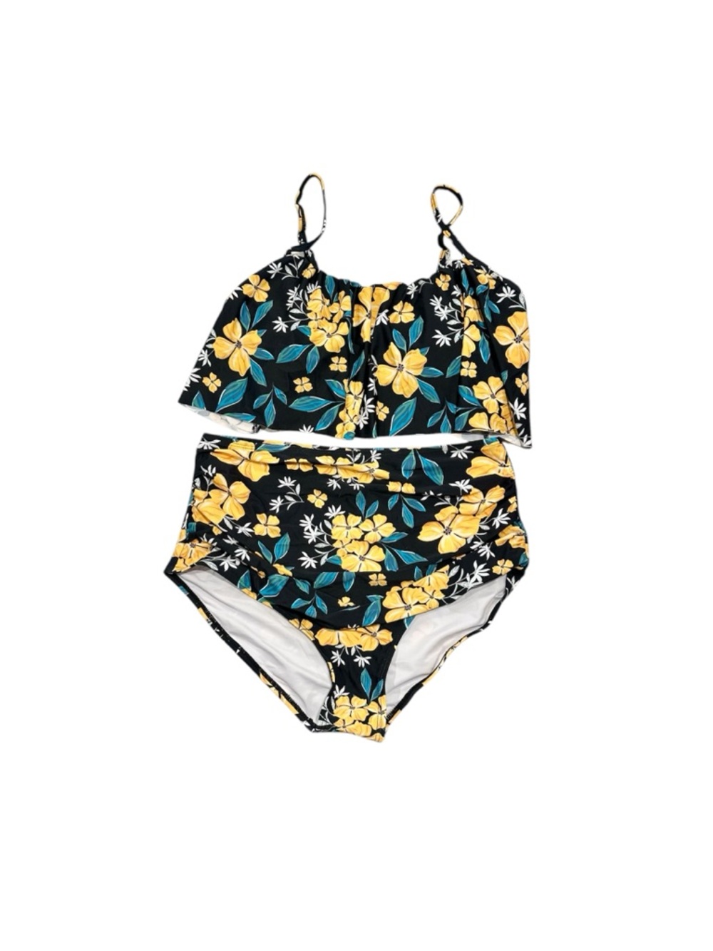 Women’s Black Floral Two-Piece Swim Set with Yellow Flowers - Size: Large